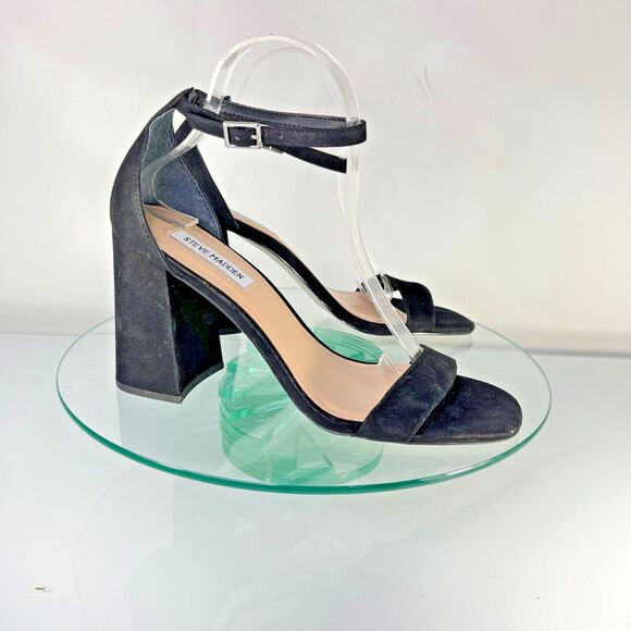 Steve Madden Dillion Block Heel Sandals Black Suede nubuck ankle strap 10 - Picture 1 of 11